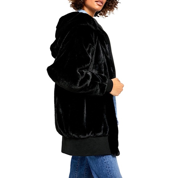 FREE PEOPLE Turn Up Hooded Faux Mink Fur Oversized Teddy Bomber Jacket Black - Picture 2 of 16